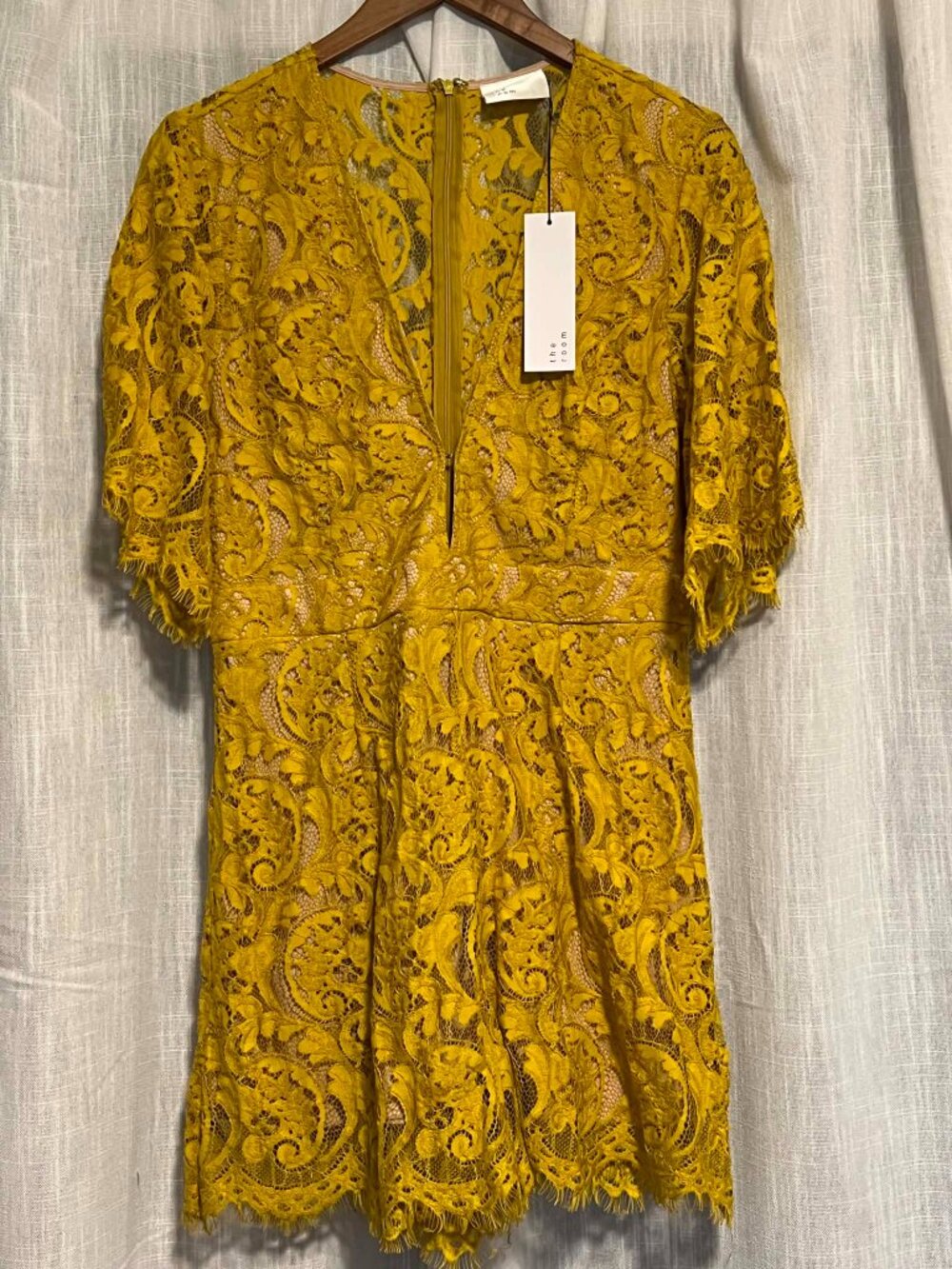 "The Room" Plunge Crochet lace Romper Mustard Yellow Size L